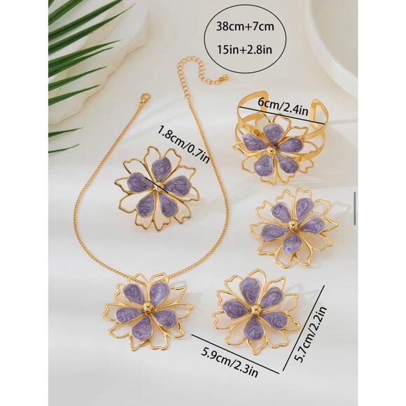 JEWELRY SET: 5Pc White/Gold Lotus Flower Ring, Bracelet, Earrings, & Necklace - Picture 8 of 9